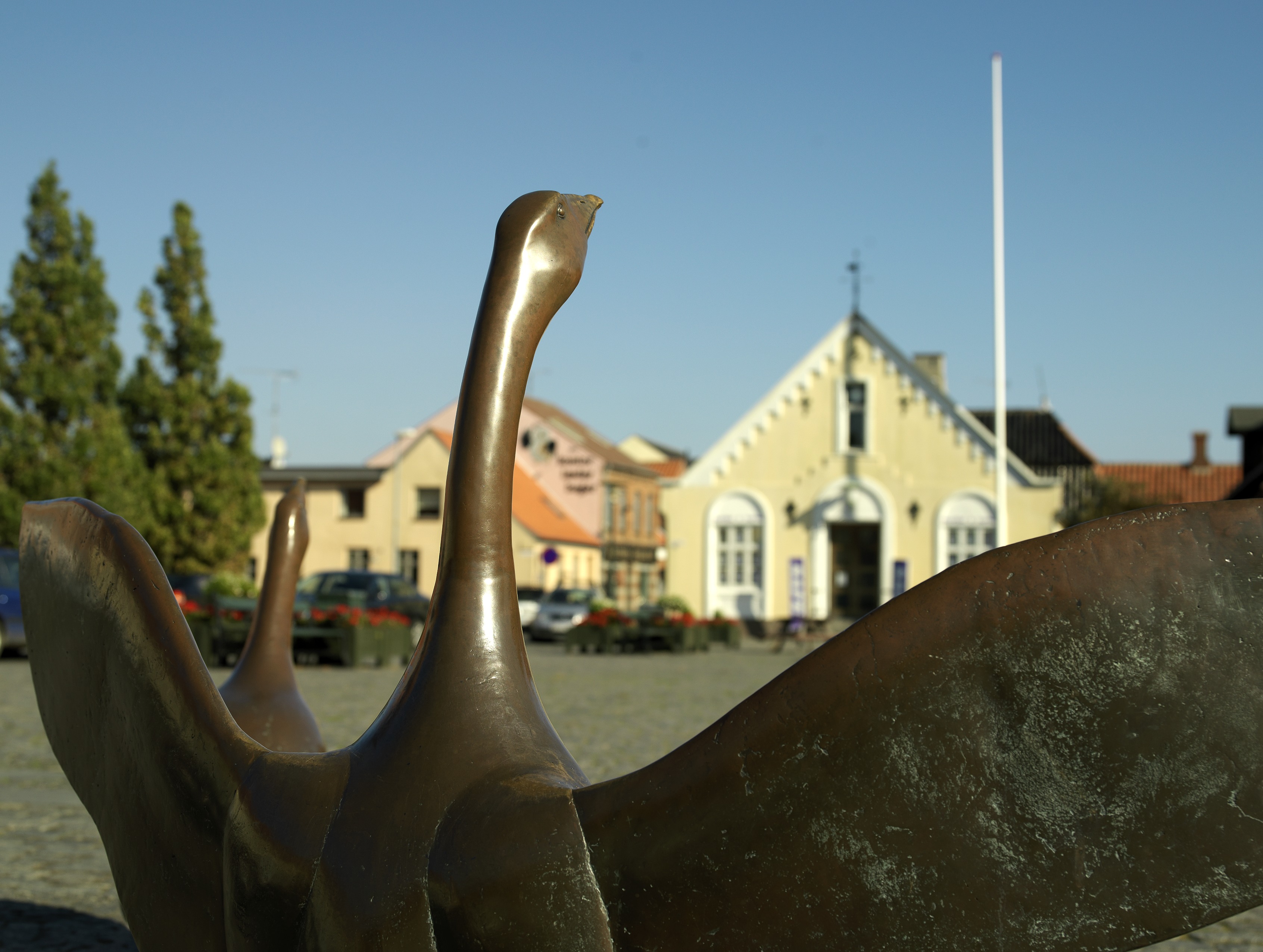 Aakirkeby torv med de ikoniske fugle