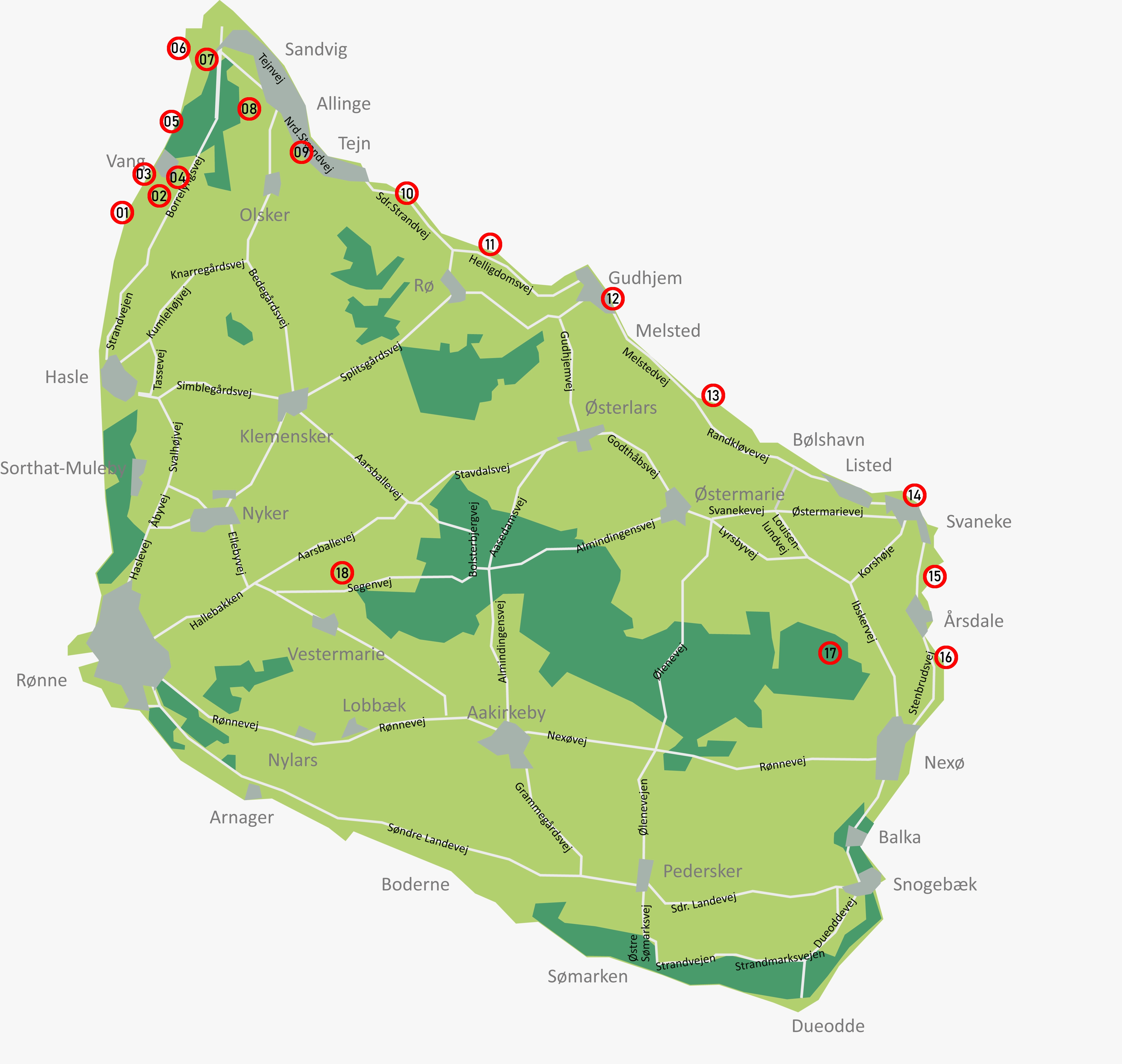 Kort over klatresteder på Bornholm