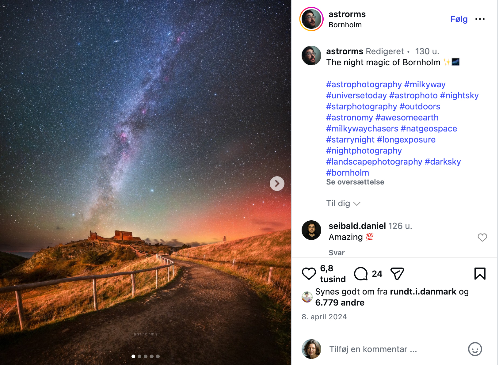Stjernehimmel og nordlys over Hammershus